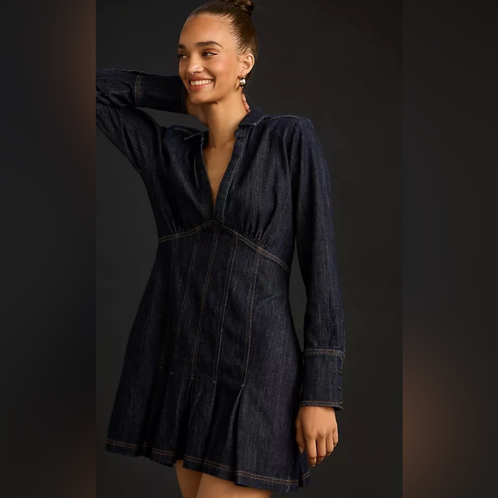 Pilcro Denim Mini Dress‎ Womens 4 Dark Blue NWT Seamed Long Sleeve V-Neck Flare